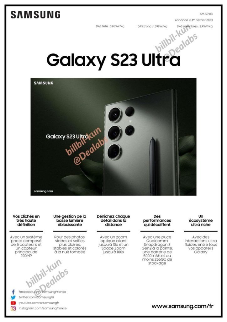 Official spec sheet for Samsung Galaxy S23, S23+ and S23 Ultra